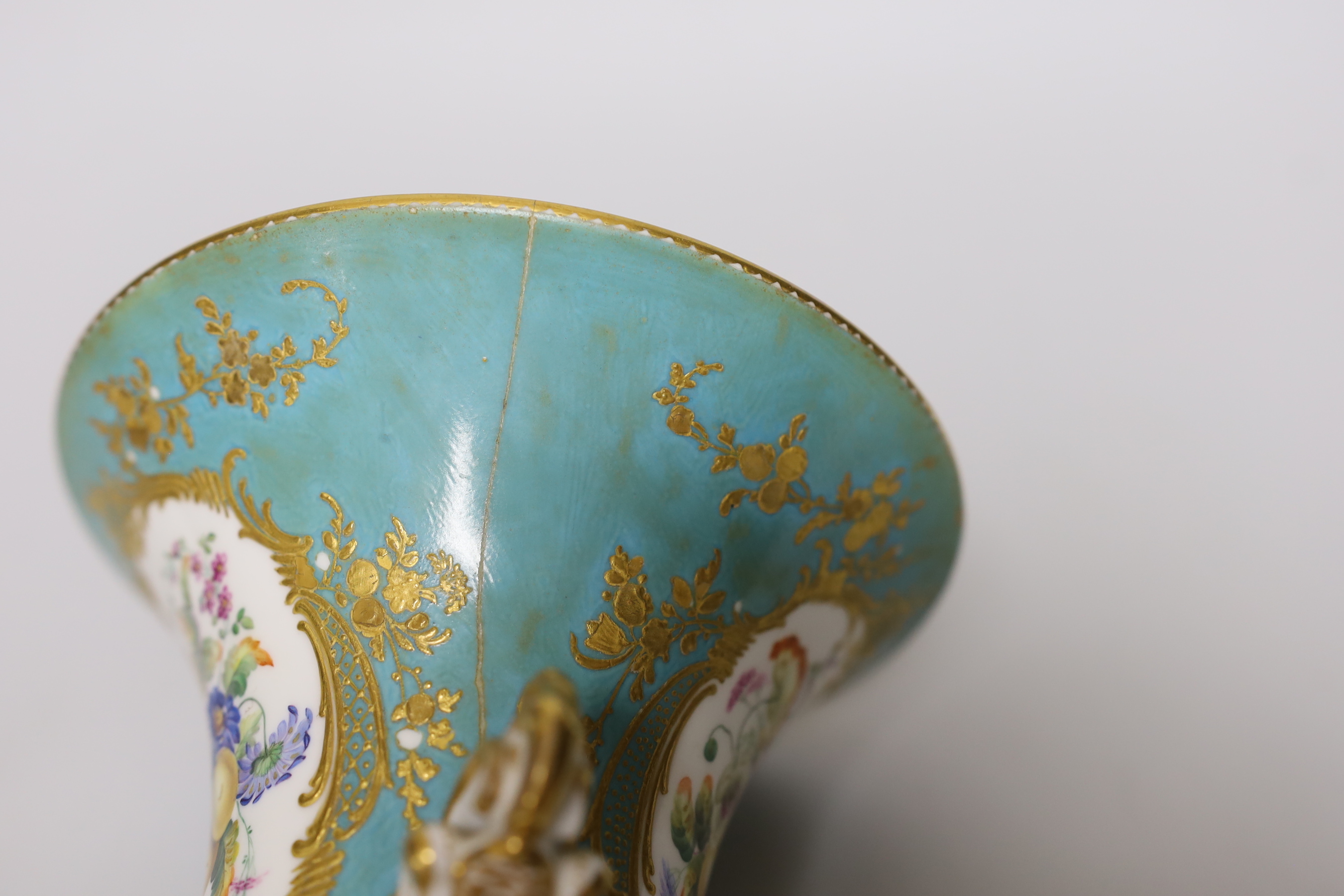 A fine Coalport two handled vase, painted with fruit and flowers by William Cook, c.1850. 22cm tall